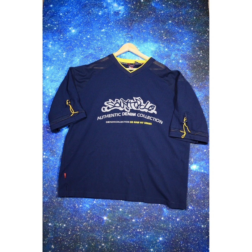 Southpole Denim Mesh Jersey Men's 3XL Blue Graphic Crew Neck Sleeve Pullover y2k